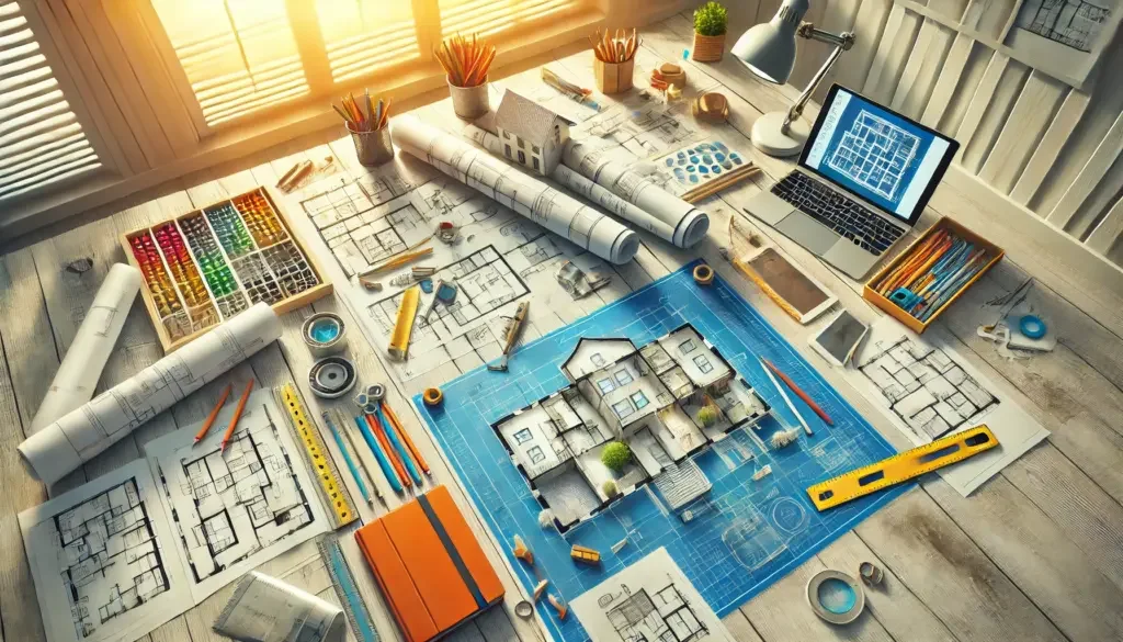 A bright and vibrant image depicting 'Gründliche Planung: Der Schlüssel zum erfolgreichen DIY-Projekt'. Show a well-organized workspace with blueprints, sketches, and various planning tools like rulers, pencils, and notebooks. The scene should convey the importance of meticulous planning in DIY projects, with a focus on a large, detailed plan spread out on a table. Include elements that suggest creativity and precision, such as architectural drawings and digital tablets showing 3D models. The setting should be brightly lit, emphasizing clarity and focus.