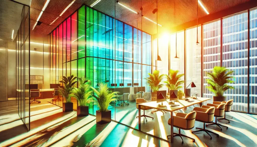 A bright and vividly colored photograph showcasing a modern office space with large windows covered in privacy films. The photo highlights the effectiveness of privacy films in maintaining a bright, yet private work environment. The interior includes stylish furniture and green plants, with sunlight filtered through the tinted window films, creating a warm and inviting atmosphere. The lighting is extremely bright to emphasize the clarity and quality of the films.
