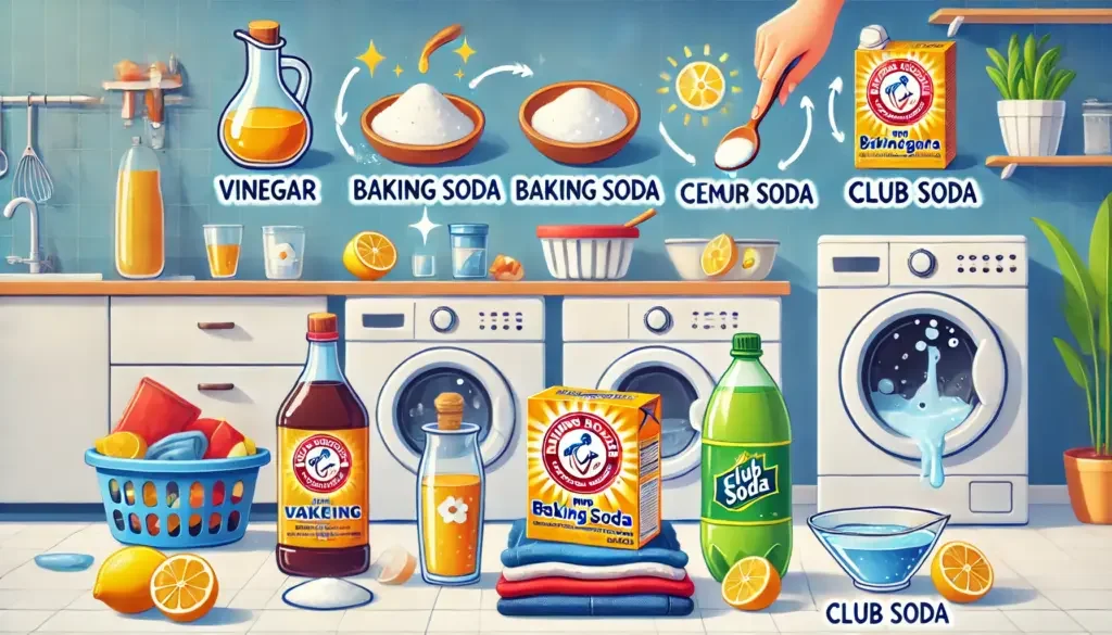 A bright and informative image showcasing popular home remedies for stain removal. The image should depict a variety of commonly used items like vinegar, baking soda, lemon juice, and club soda being applied to different types of stains on clothing or upholstery. Include visual steps or annotations explaining how each remedy is used to treat specific stains. The setting should be a home environment, possibly a laundry room or kitchen, brightly lit to highlight the effectiveness and practicality of each natural cleaning solution.