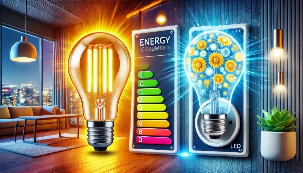 A brightly lit and vividly colored image showing a comparison between a traditional incandescent bulb and an LED bulb. The LED bulb is highlighted as glowing brightly while using significantly less energy. A digital energy consumption meter is displayed next to each bulb, clearly showing the lower energy use of the LED. The background features a modern, well-lit room, emphasizing the energy efficiency of LEDs.