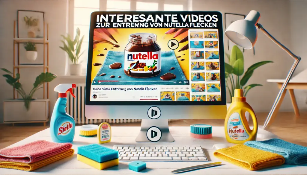 A bright and colorful image representing 'Interessante Videos zur Entfernung von Nutellaflecken.' The image shows a computer or tablet screen displaying a tutorial video on how to remove Nutella stains. The video features cleaning tools like a sponge, detergent, and fabric, with a step-by-step guide. The background of the image is a clean, modern home environment, and the lighting is bright, highlighting the vibrant colors of the screen and surroundings. There is a play button visible on the screen, indicating the video format, and the scene conveys a fresh, informative atmosphere.