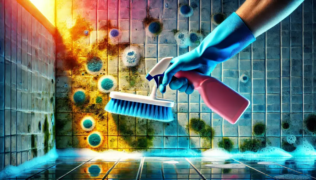 A brightly lit and vividly colored image showing a person removing mold stains from a wall using a cleaning brush and a mold remover spray. The scene is set in a modern, well-lit bathroom with tiles. The person is focused on scrubbing the stained area, and the lighting highlights both the mold stains and the cleanliness achieved after removal.