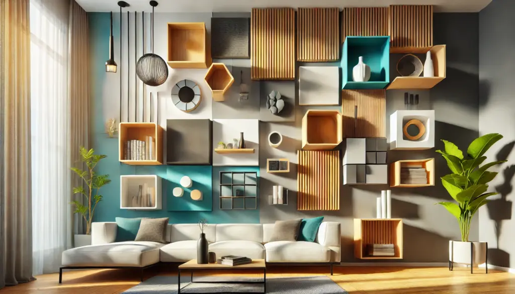 A brightly lit and vividly colored image of a modern living room wall showcasing different hanging shelves made from various materials such as wood, metal, and glass. The shelves are painted in different colors, including white, black, and natural wood tones, arranged in a stylish layout. The scene highlights how material and color choices impact the overall look of the shelves and the room. The space is brightly lit, with sunlight enhancing the vibrant colors and textures.