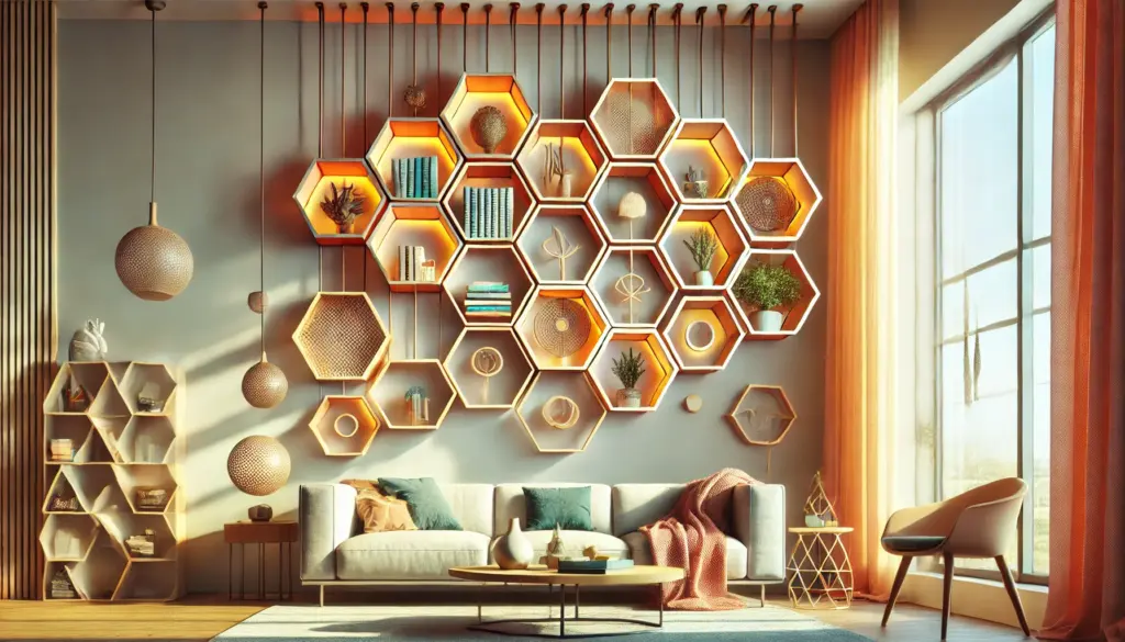 A brightly lit and vividly colored image showcasing a modern living room with hanging shelves in creative and unique shapes. The shelves are designed in geometric patterns like hexagons and circles, floating on the wall, holding decorative items such as plants, books, and sculptures. The room is well-lit with natural light streaming through large windows, emphasizing the artistic and innovative forms of the hanging shelves.