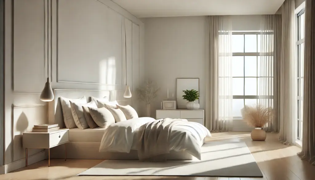 A modern bedroom with sleek, elegant design showcasing a well-chosen style. The room is bathed in bright, natural light with an airy atmosphere. The bedroom features minimalist decor, with a soft color palette of whites and creams. Large windows allow sunlight to flood the room, highlighting a stylish bed with plush pillows, cozy blankets, and a simple headboard. Decorative elements like a plant, a modern nightstand, and soft lighting complete the look, focusing on a refined and sophisticated style for a bedroom.