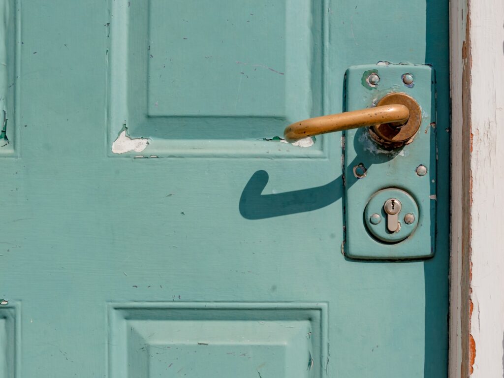 white wooden door with brass door lever