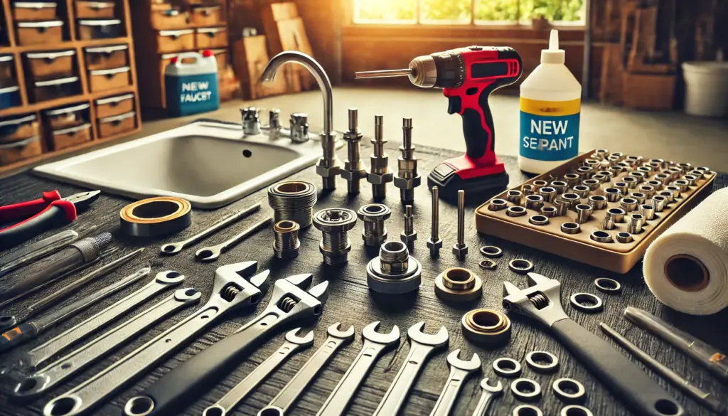 A brightly lit scene showing a well-organized workspace with all the necessary tools and parts for bathroom fixture repair. The table holds wrenches, screwdrivers, new faucet parts, and sealant, all arranged neatly. The setting is in a garage with natural light flooding in, highlighting the readiness and detailed planning involved in 'Preparation for the repair'.